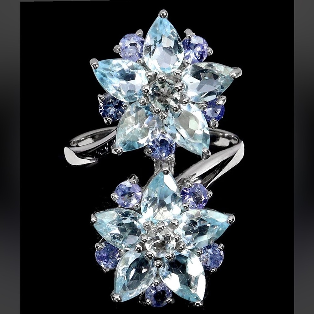 Enchanting Hi Quality Genuine Aquamarine, Tanzanite & Topaz Ring, A Work Of Art